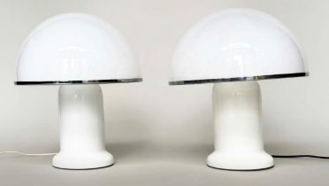 MUSHROOM LAMPS, a pair, opaque plexiglass shade and white body, 43cm H. (2)