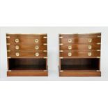 CAMPAIGN STYLE CHESTS, a pair, mahogany and brass bound with tooled leather and three drawers,