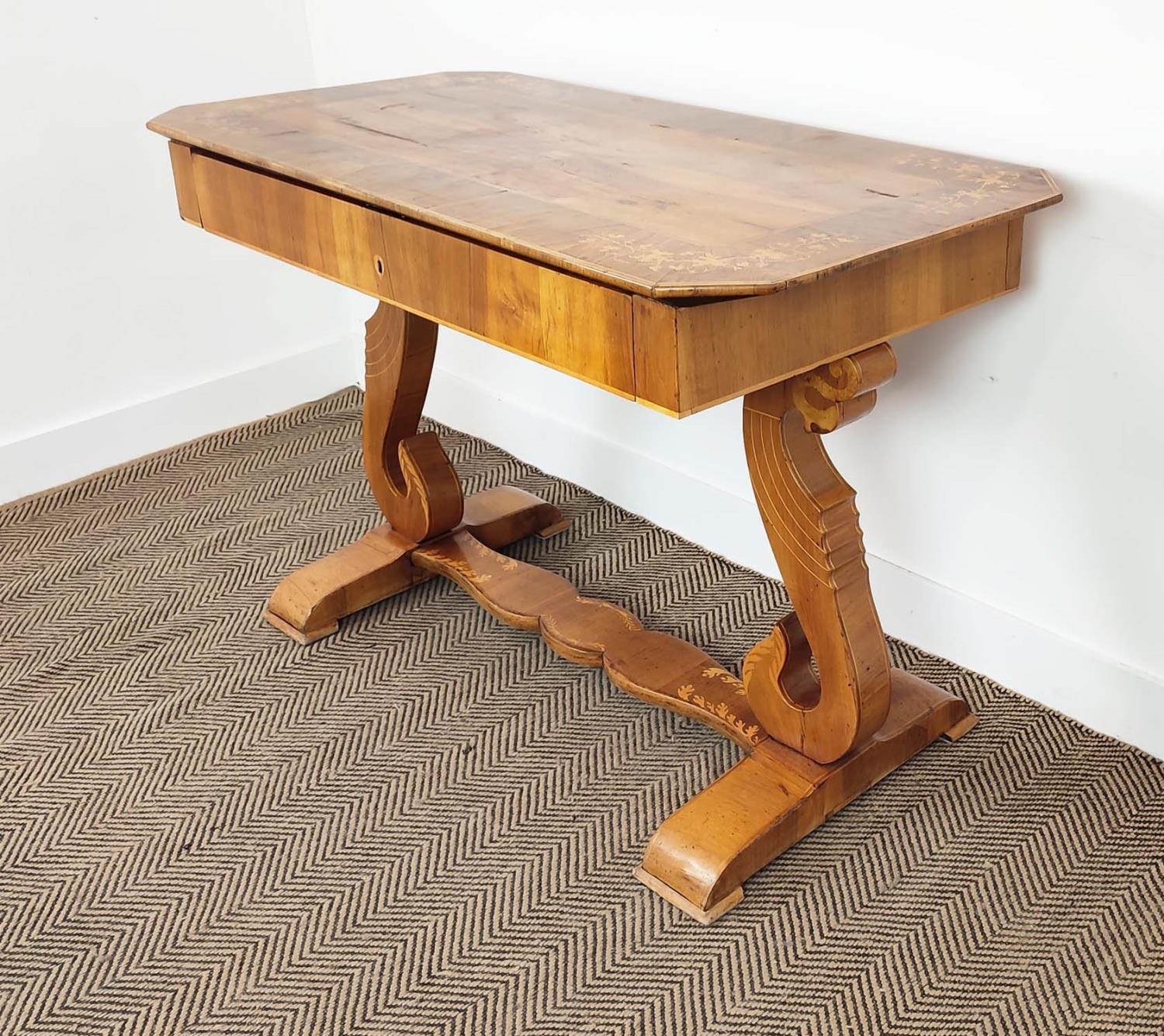 WRITING TABLE, Biedermeier walnut, olivewood and marquetry with frieze drawer, 80cm H x 122cm x - Image 5 of 18