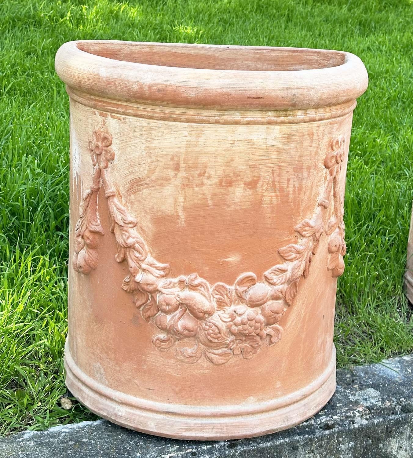 GARDEN PLANTERS, a pair, weathered Tuscan terracotta, D-section with swag decoration, (marks - Image 14 of 20