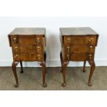 BEDSIDE CHESTS, a pair, Georgian style burr walnut, each with drop flap top above three drawers,
