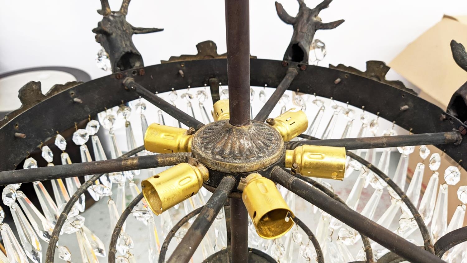 CHANDELIER, gilt metal with stag heads, glass drops and six lights, 53cm W x 85cm H overall. - Image 13 of 16