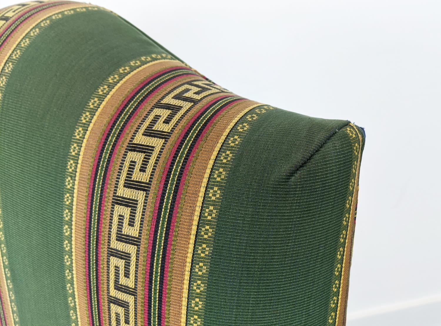 GAINSBOROUGH STYLE ARMCHAIRS, a pair, mahogany in green Greek key striped fabric, 102cm H x 63cm. ( - Image 13 of 18