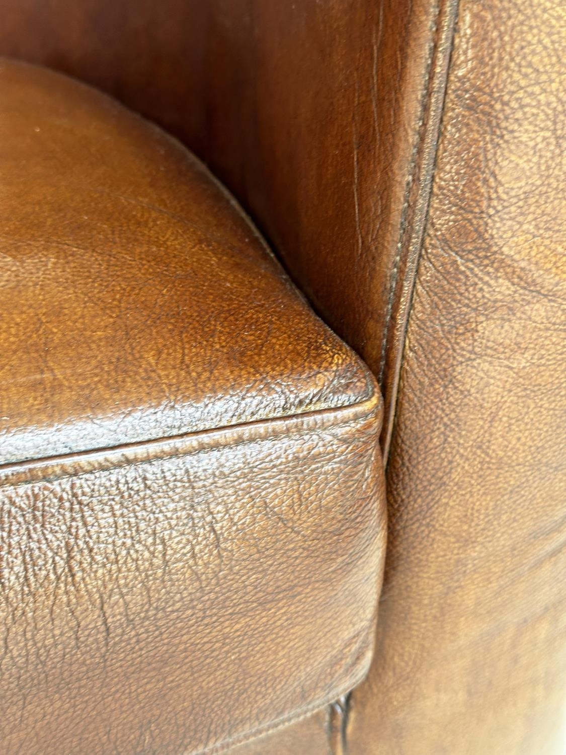 TUB ARMCHAIRS, a pair, natural soft mid brown leather upholstered with rounded backs, 78cm W. (2) - Image 10 of 12