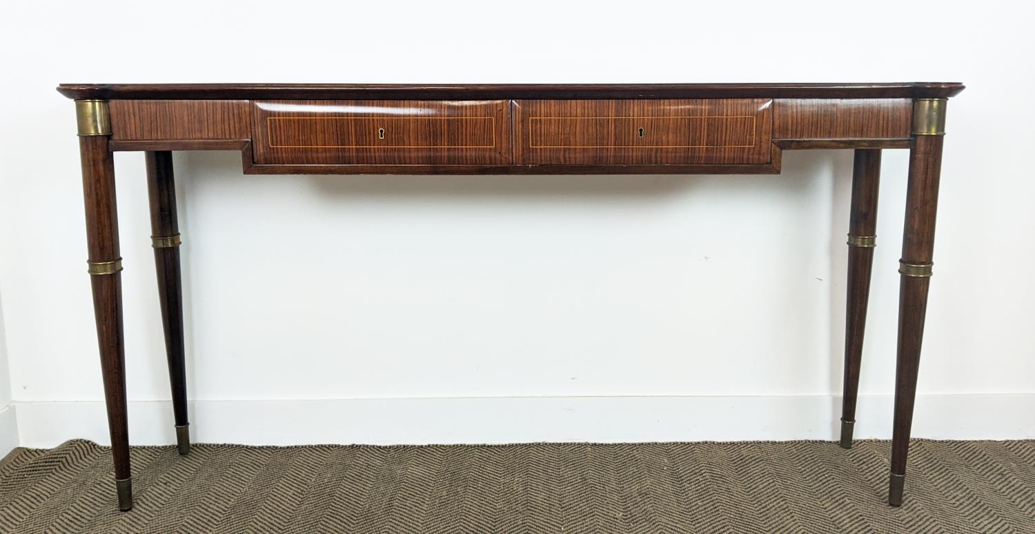 HALL TABLE, mid 20th century palissandre and brass mounted with two drawers, 89cm H x 176cm x 38cm. - Image 3 of 14