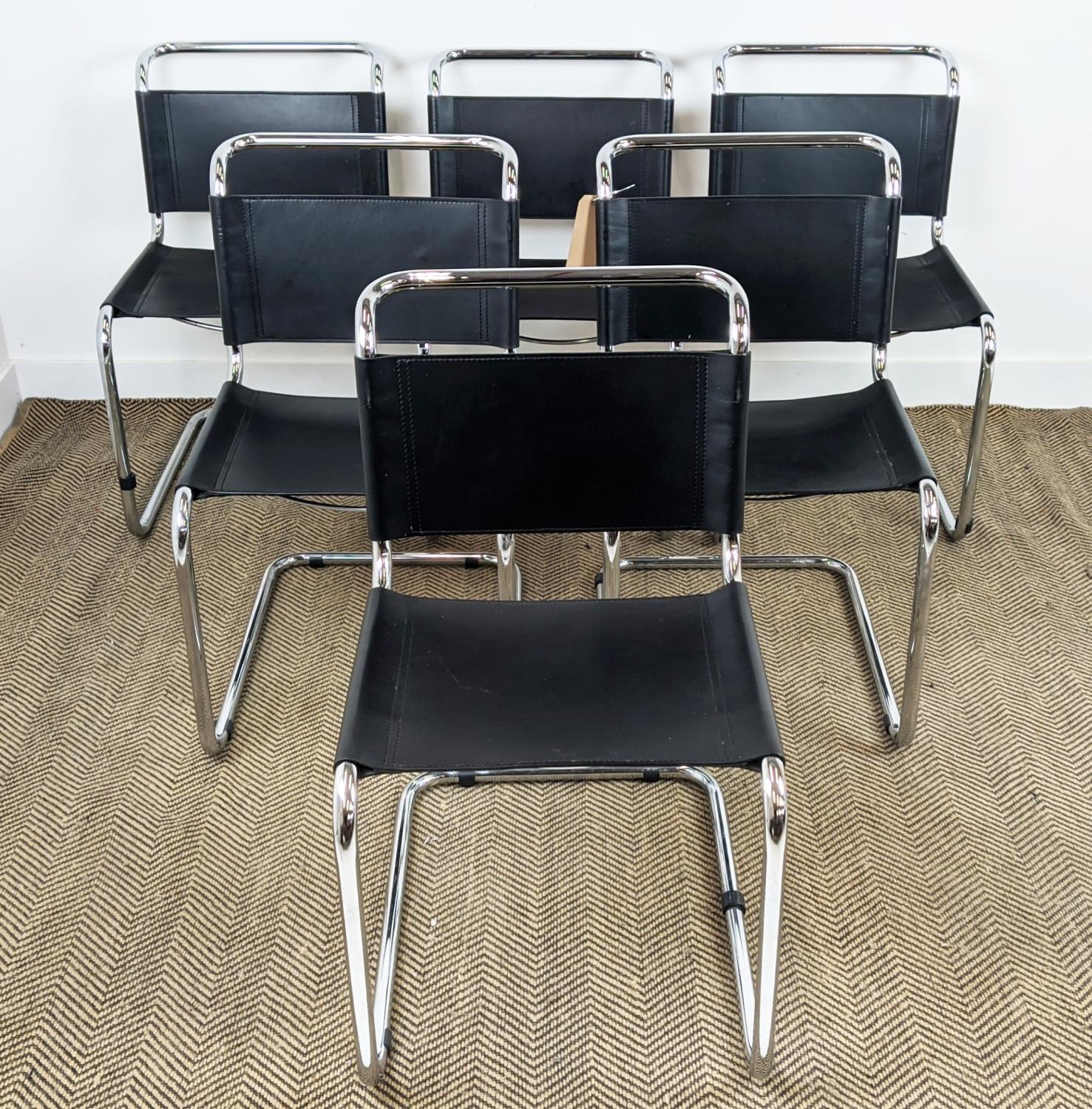 DINING CHAIRS, a set of six, Bauhaus design, tubular back chrome with leather seats, each 48cm W x - Image 3 of 14