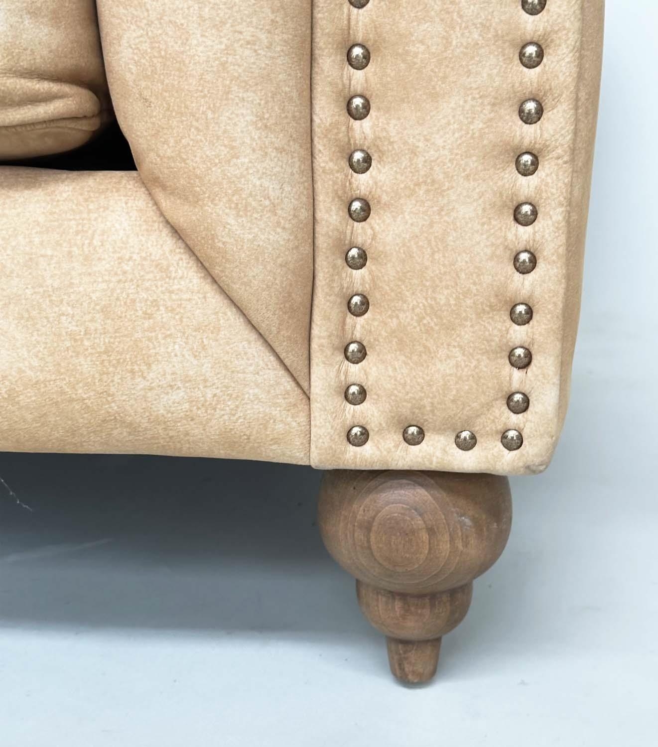 CHESTERFIELD ARMCHAIR, deep buttoned nubuck light tan leather with turned supports, 116cm x 73cm H. - Image 4 of 7