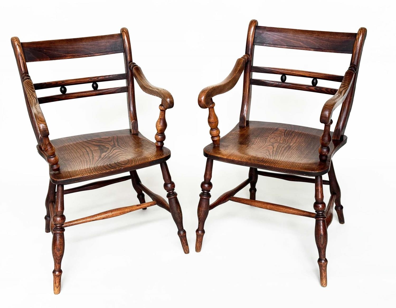 OXFORD ARMCHAIRS, a pair, 19th century English, High Wycombe, ash, elm and alder with shaped seats - Image 4 of 11