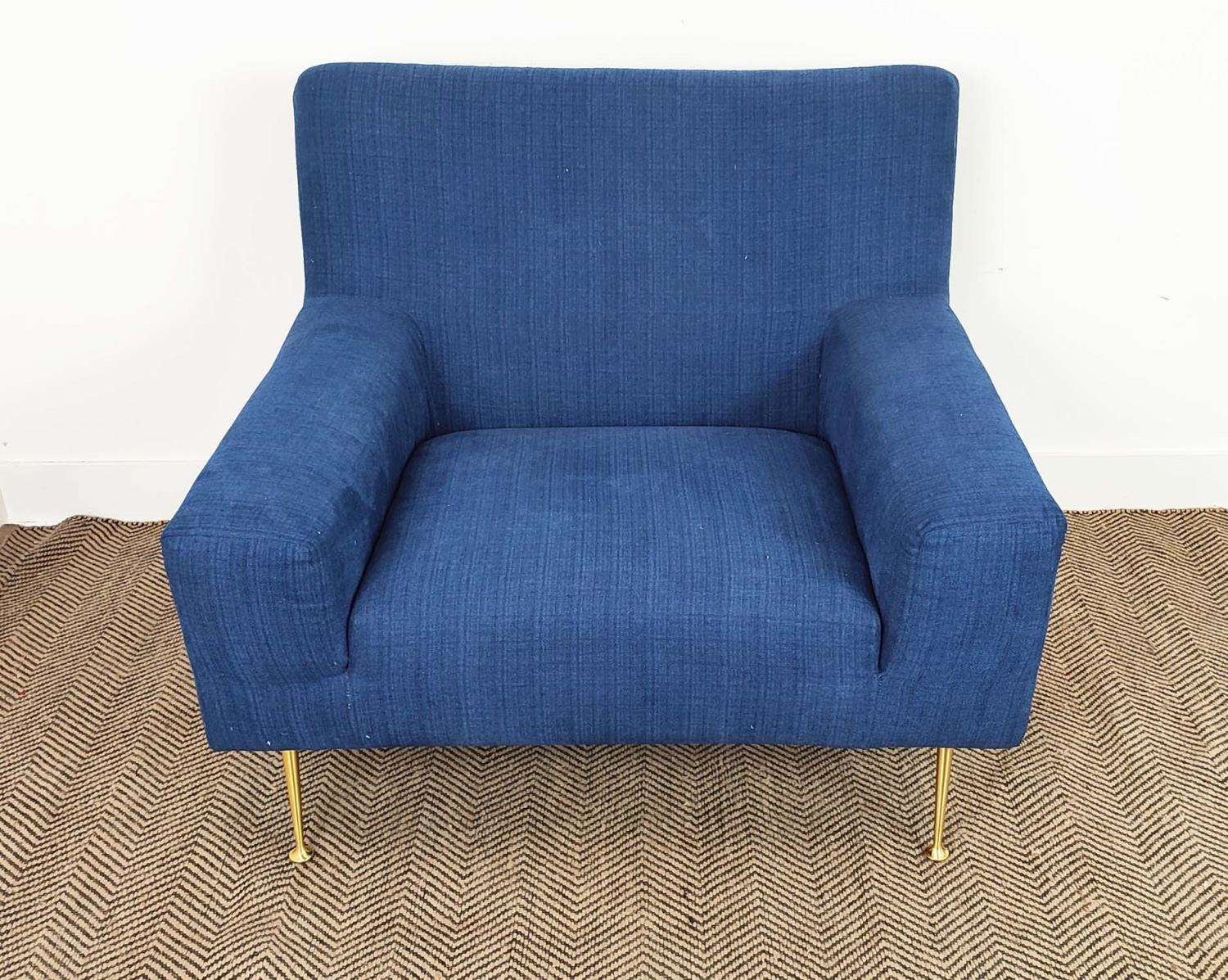 ARMCHAIR, blue chenille with brass legs, 85cm H x 97cm x 80cm.