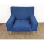 ARMCHAIR, blue chenille with brass legs, 85cm H x 97cm x 80cm.