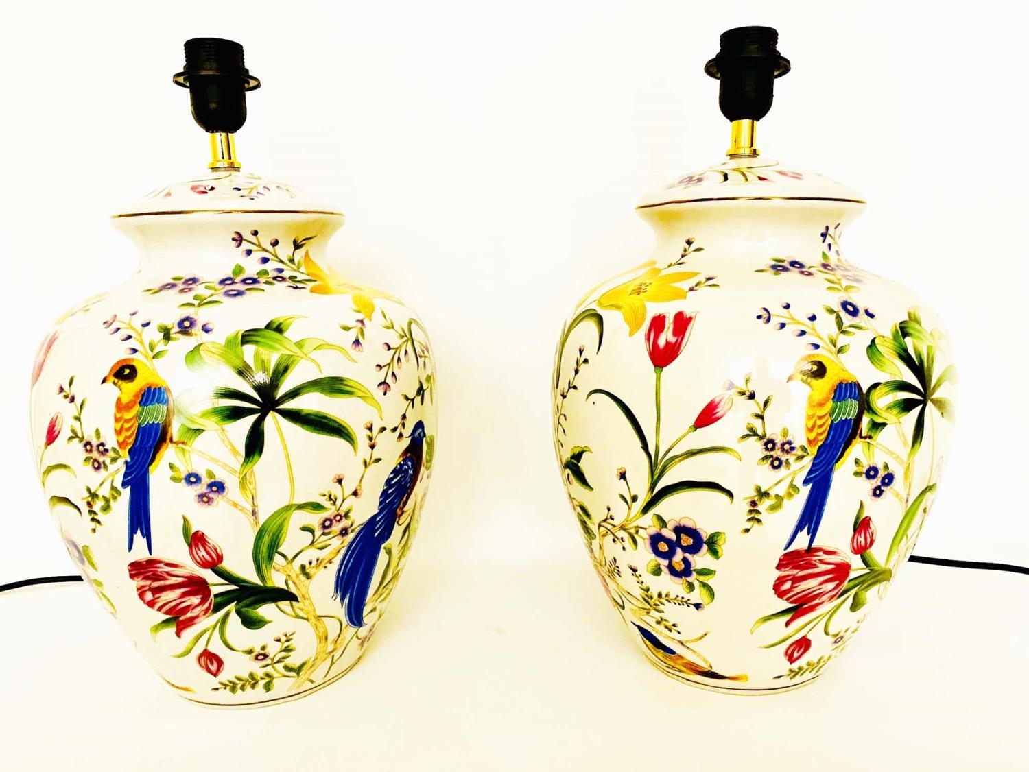 TABLE LAMPS, a pair, glazed ceramic with decoration depicting exotic birds amongst floral foliage, - Image 2 of 4