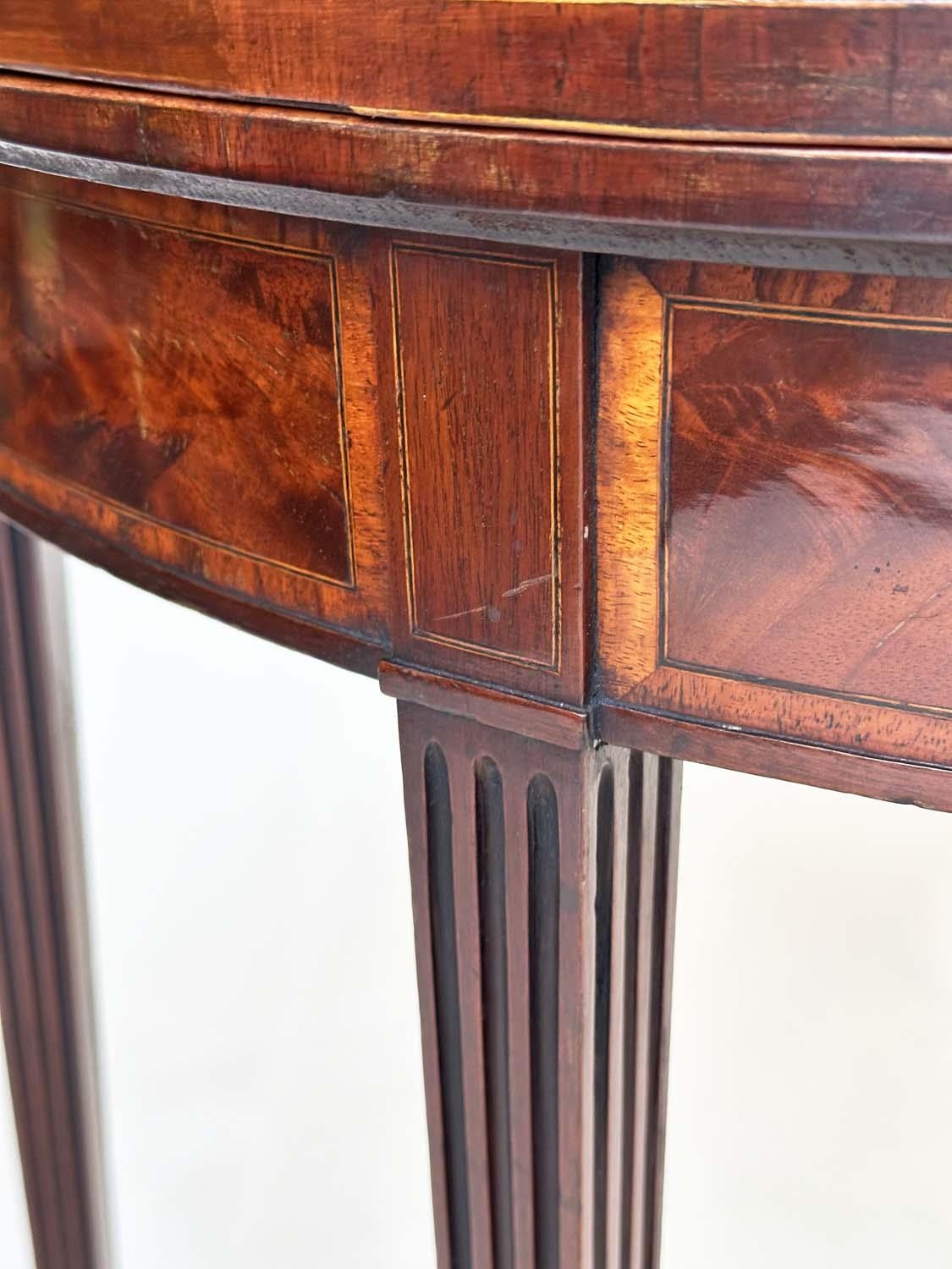 TEA TABLE, George III period flame mahogany and tulipwood crossbanded demilune foldover with - Image 4 of 8