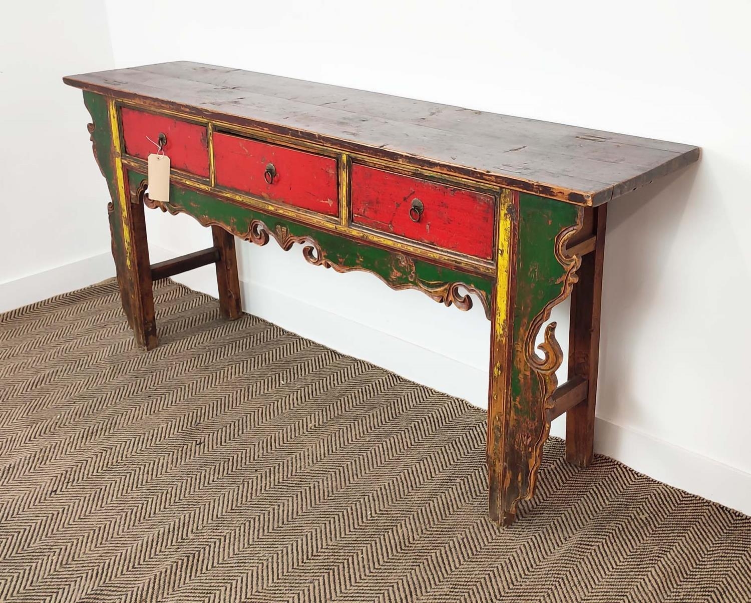 SIDE TABLE, Chinese, red, green and yellow lacquer, fitted with three drawers, 89cm H x 192cm W x - Image 5 of 16