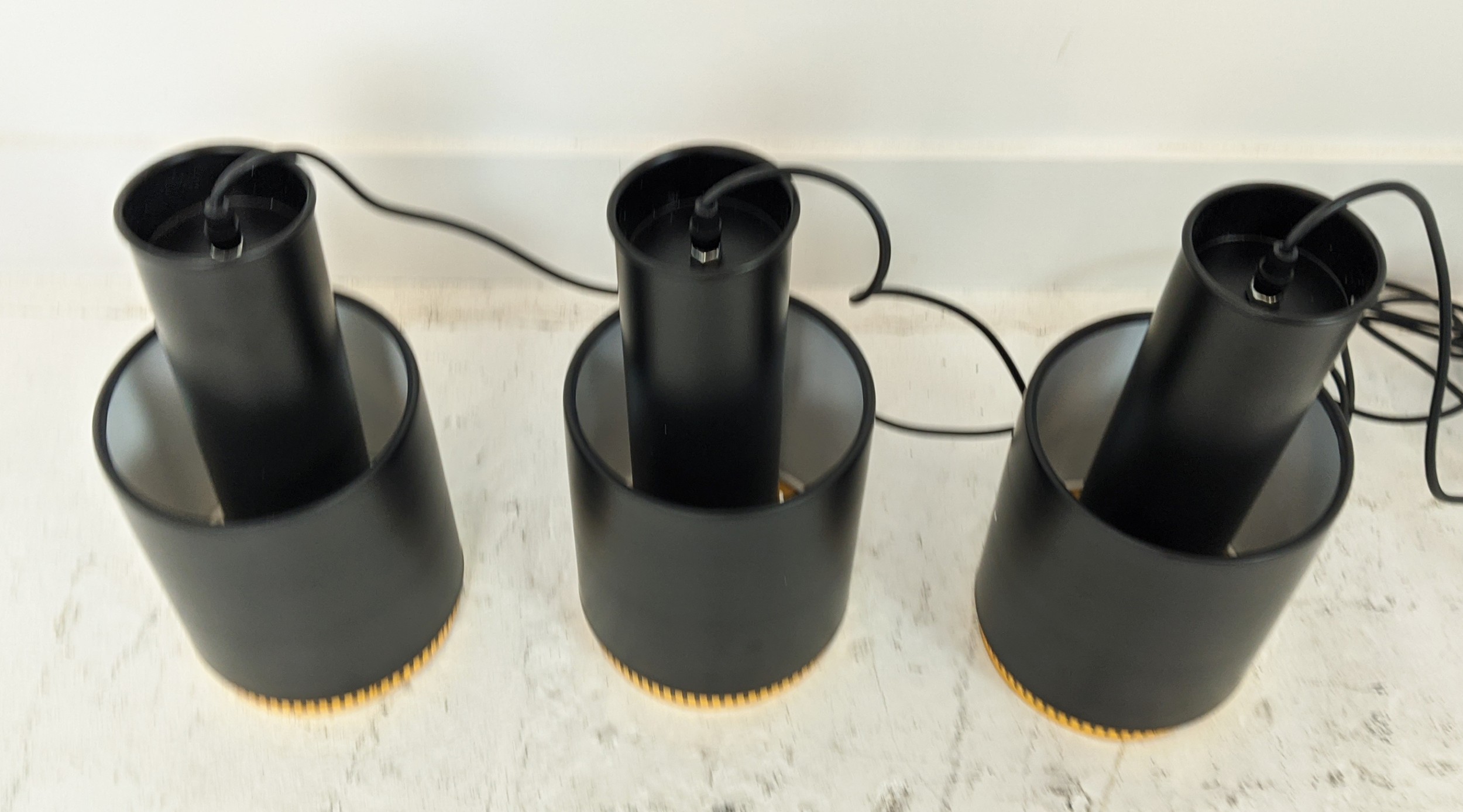 PENDANT LIGHTS, a set of three, 1970s Italian style, black painted metal with gilt detail, 45.5cm - Image 3 of 6