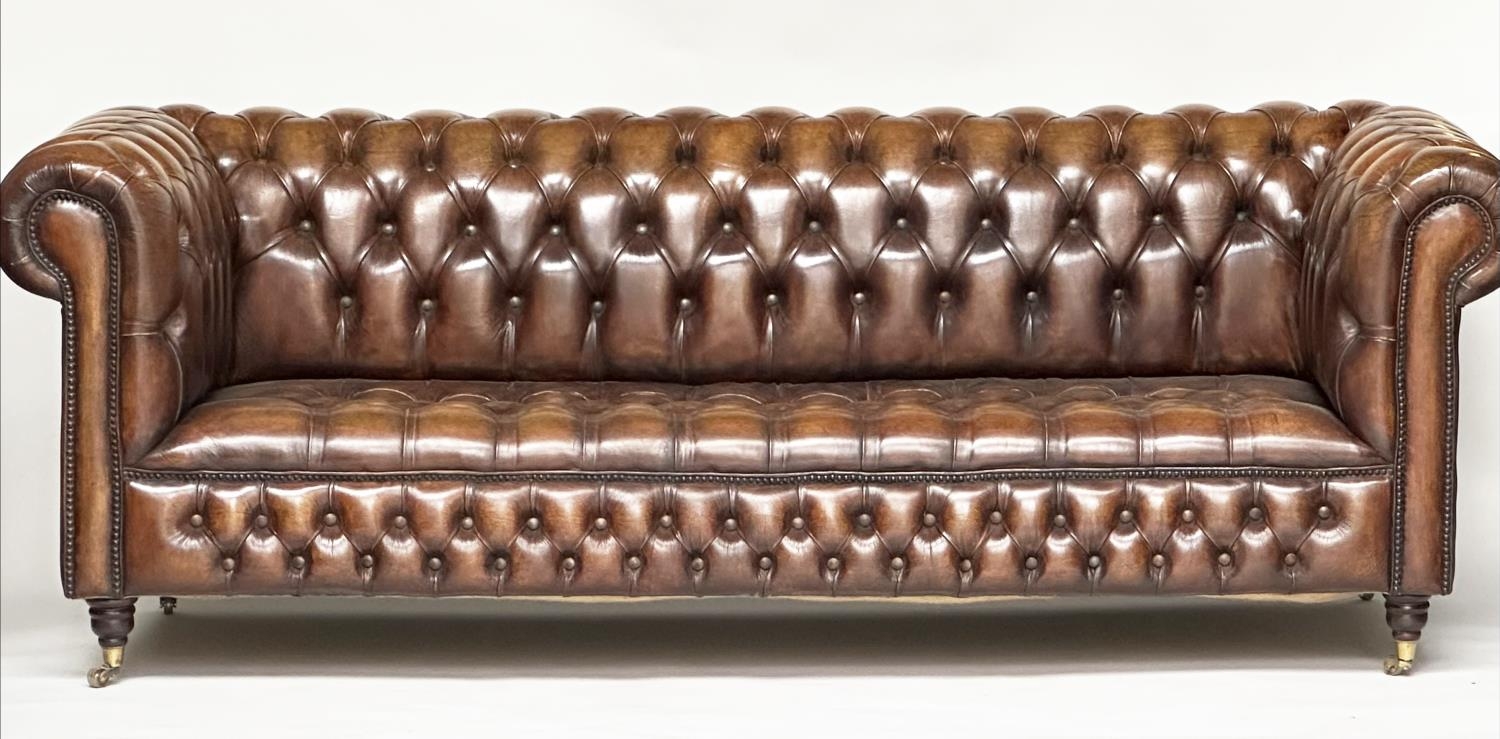 CHESTERFIELD SOFA, traditional hand finished natural soft tan leather deep button upholstery with
