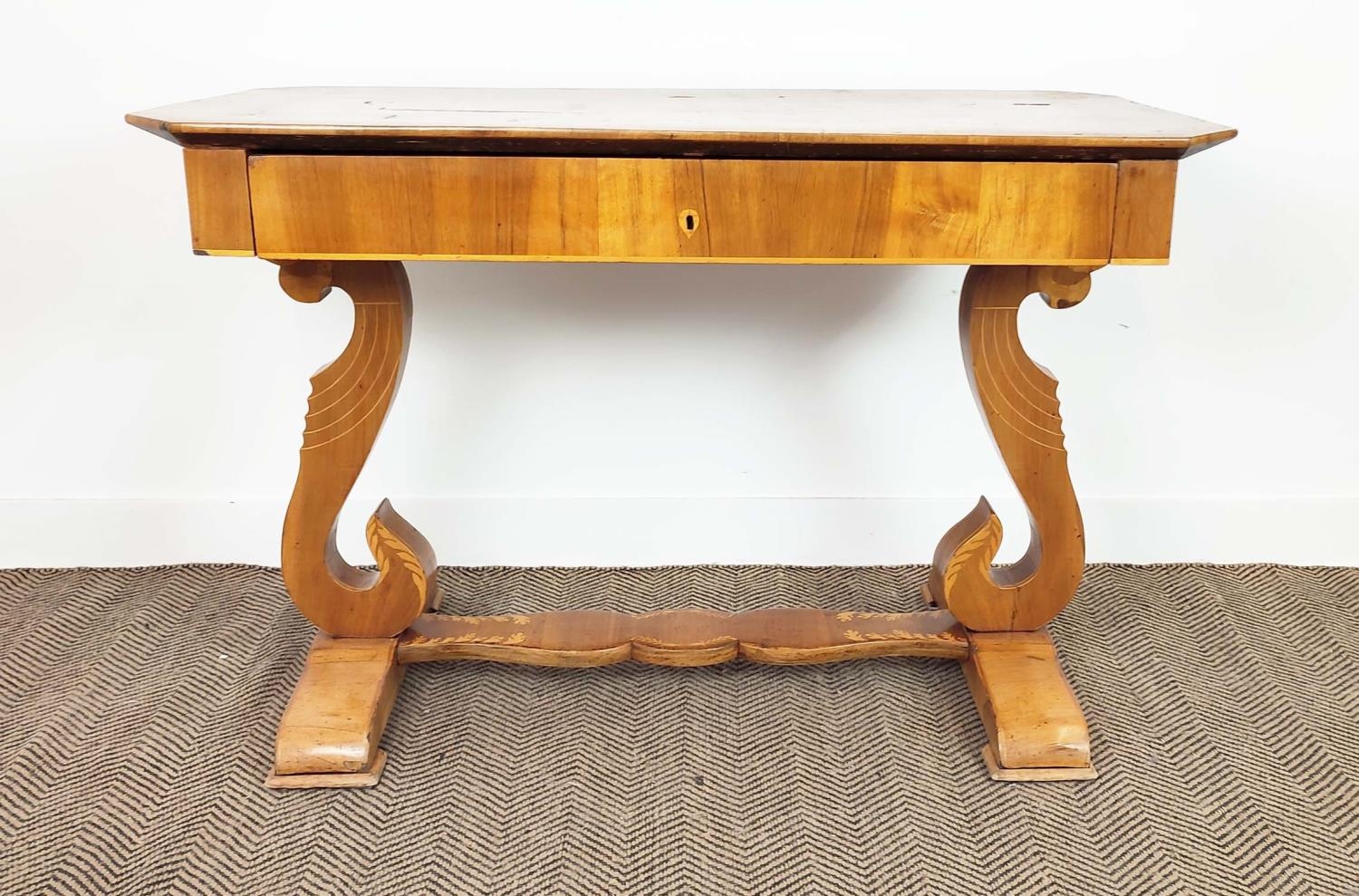 WRITING TABLE, Biedermeier walnut, olivewood and marquetry with frieze drawer, 80cm H x 122cm x - Image 4 of 18