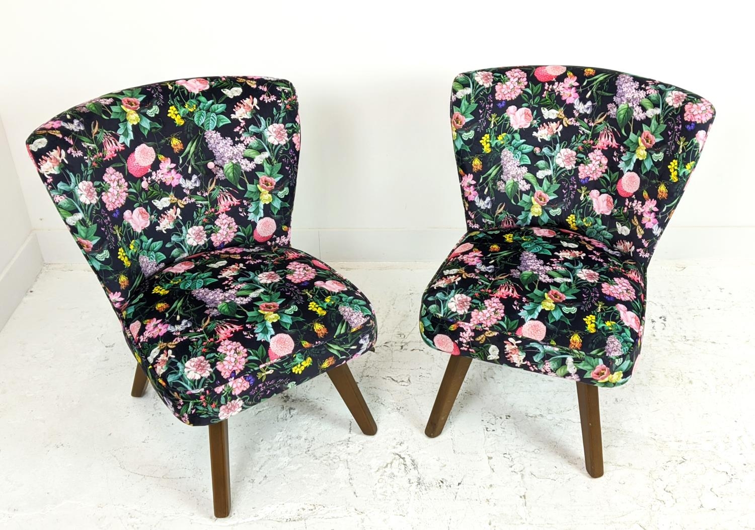 COCKTAIL CHAIRS, a pair, newly upholstered in flower and butterfly patterned velvet, 74cm H x 66cm W - Image 4 of 16