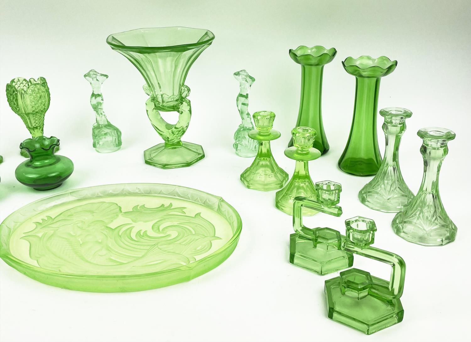 QUANTITY OF GREEN URANIUM GLASS, three pairs of candlesticks, a large figural vase, a mermaid - Image 5 of 16