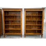 OPEN BOOKCASES, a pair, Italian walnut and marquetry with removable shelves and dividers, 212cm H