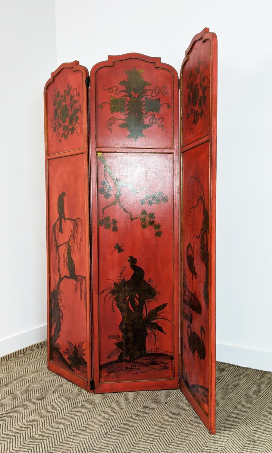 CHINOISERIE SCREEN, early 20th century red lacquer, three fold, each panel 178cm x 46cm W, with gilt - Image 11 of 24