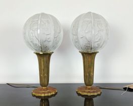 TABLE LAMPS, a pair, Art Deco, with frosted glass orbs and gilt metal bases, each 40cm H. (2)