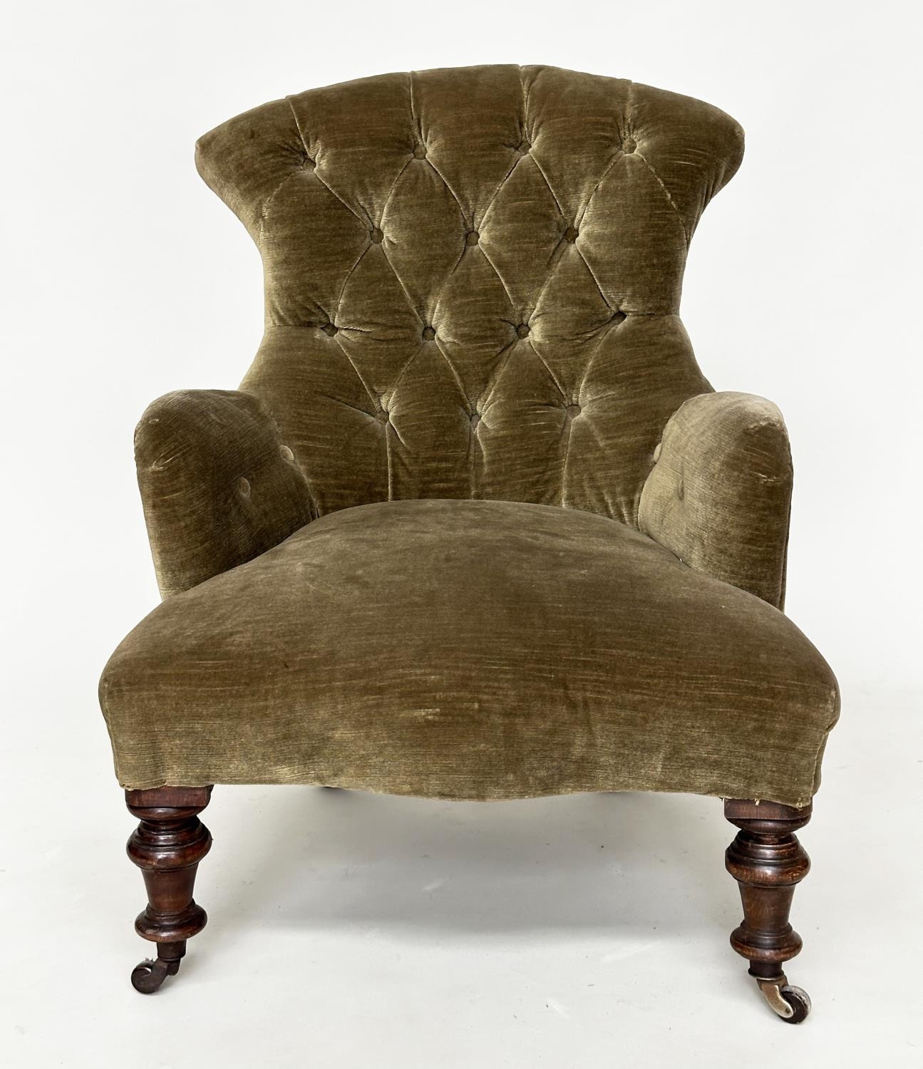 ARMCHAIR, Victorian green velvet upholstered with buttoned back, serpentine front and turned - Image 2 of 12