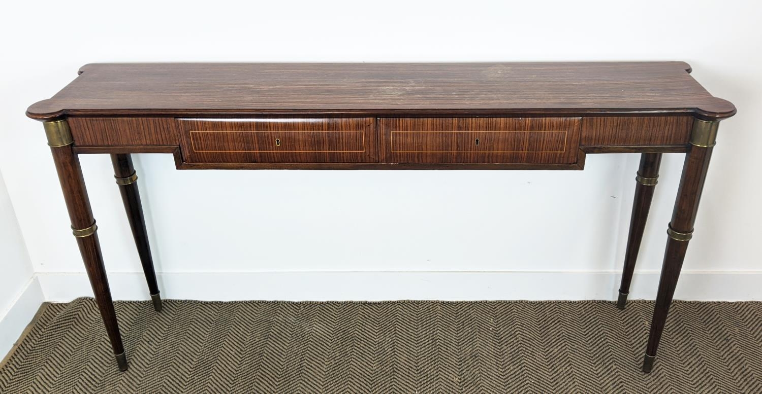 HALL TABLE, mid 20th century palissandre and brass mounted with two drawers, 89cm H x 176cm x 38cm. - Image 5 of 14