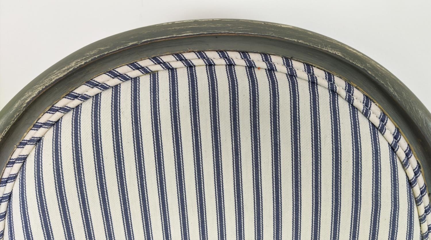 A PAIR OF LOUIS XVI STYLE FAUTEUILS, blue and grey pin stripe fabric, grey distressed finish to - Image 15 of 18