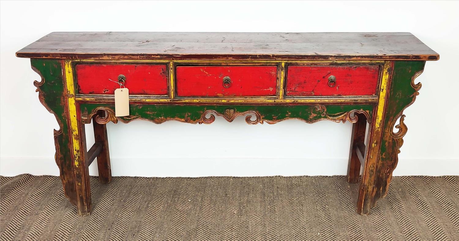 SIDE TABLE, Chinese, red, green and yellow lacquer, fitted with three drawers, 89cm H x 192cm W x - Image 2 of 16