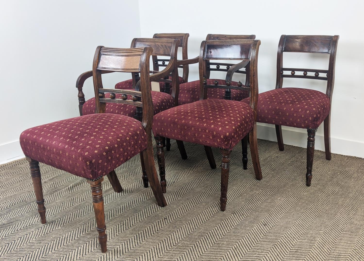 DINING CHAIRS, a set of six, Regency mahogany including two armchairs with burgundy patterned - Image 4 of 8