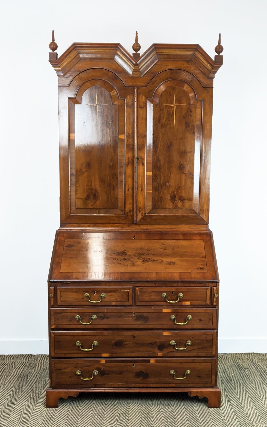 BUREAU CABINET, George II style yewwood and stellar inlaid with three finials over panelled doors - Bild 4 aus 22