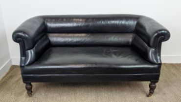 CHESTERFIELD SOFA, Victorian mahogany in black leather on ceramic castors, 76cm H x 157cm x 82cm.