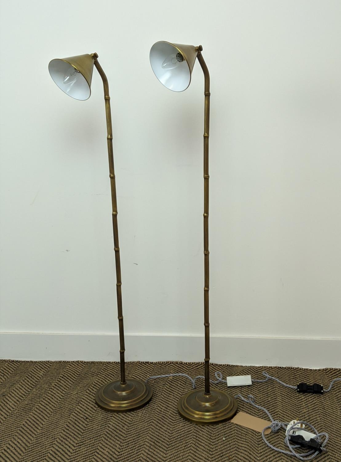 FLOOR READING LAMPS, a pair, faux bamboo metal, attributed to Vaughan, each 119cm H. (2) - Image 2 of 6