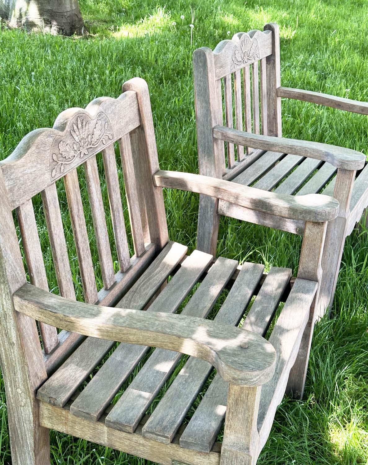 GARDEN ARMCHAIRS BY BRIDGMAN & CO LTD, a pair, well weathered teak with generous seats, slatted - Image 21 of 22