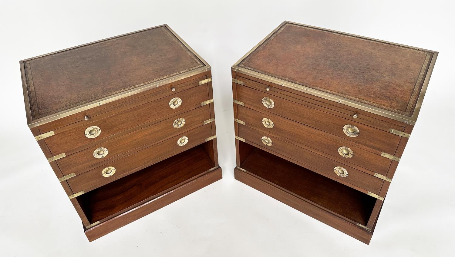 CAMPAIGN STYLE CHESTS, a pair, mahogany and brass bound with tooled leather and three drawers, - Image 5 of 20