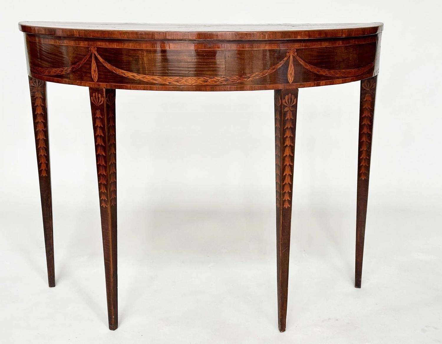 DEMI LUNE SIDE TABLE, George III, probably Irish, fiddle back mahogany and satinwood marquetry - Image 16 of 16