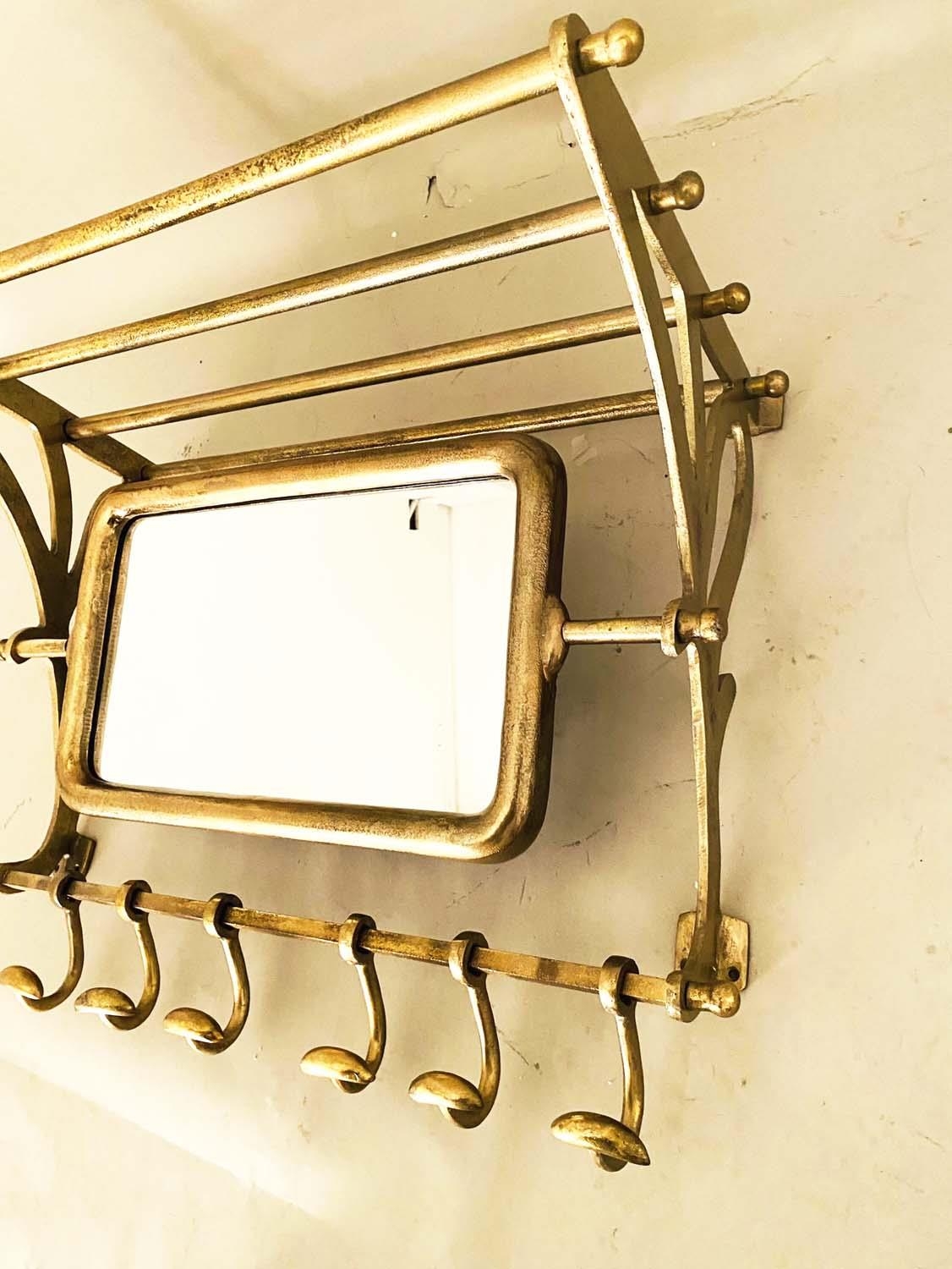 WALL MOUNTING LUGGAGE RACK, rotating mirror and coat hooks, gilt metal, 54cm x 67cm x 36cm. - Image 4 of 5
