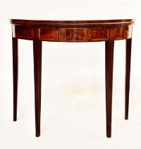 TEA TABLE, George III period flame mahogany and tulipwood crossbanded demilune foldover with
