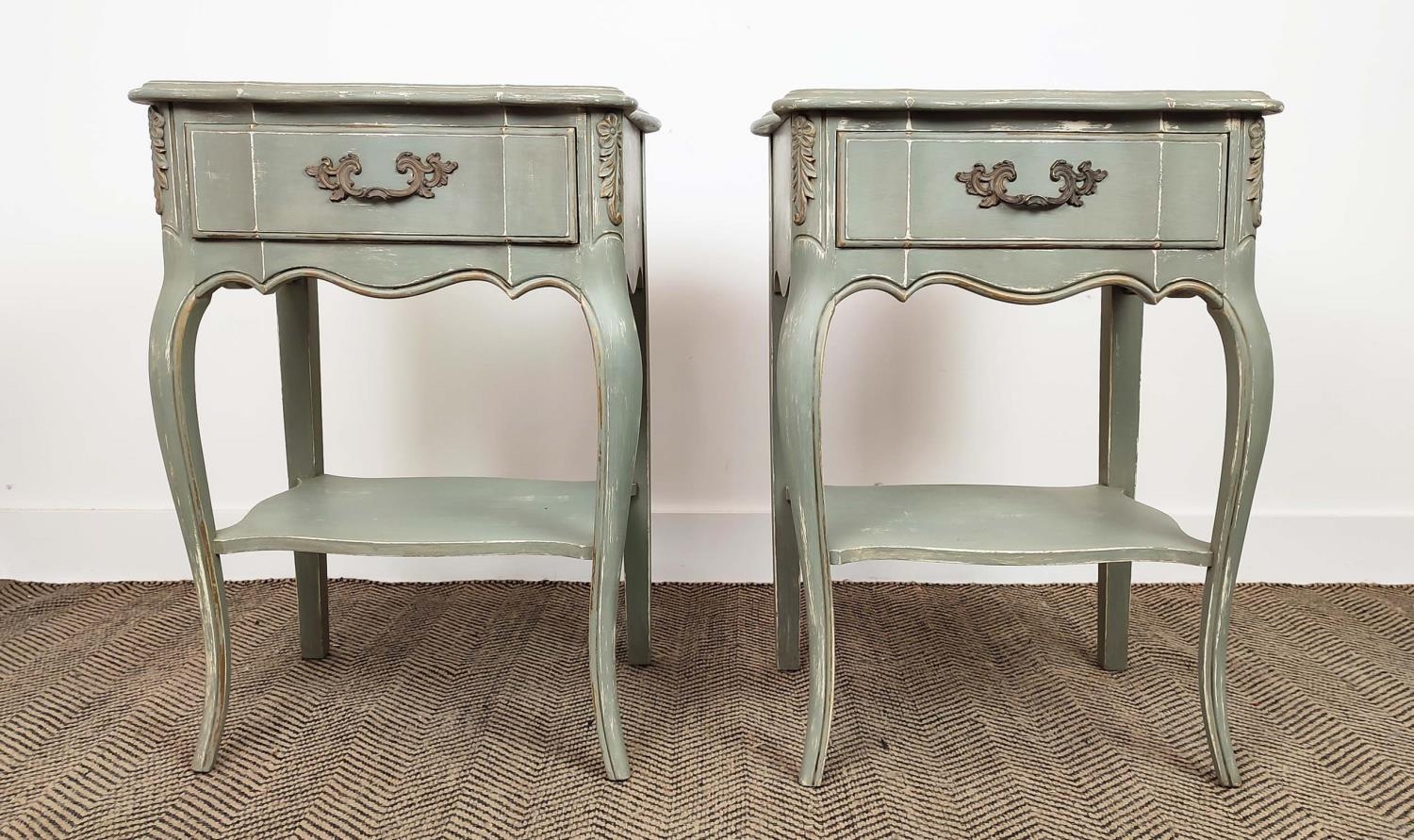BEDSIDE TABLES, a pair, Louis XV style grey painted each with single drawer, 72cm H x 50cm x - Image 3 of 18