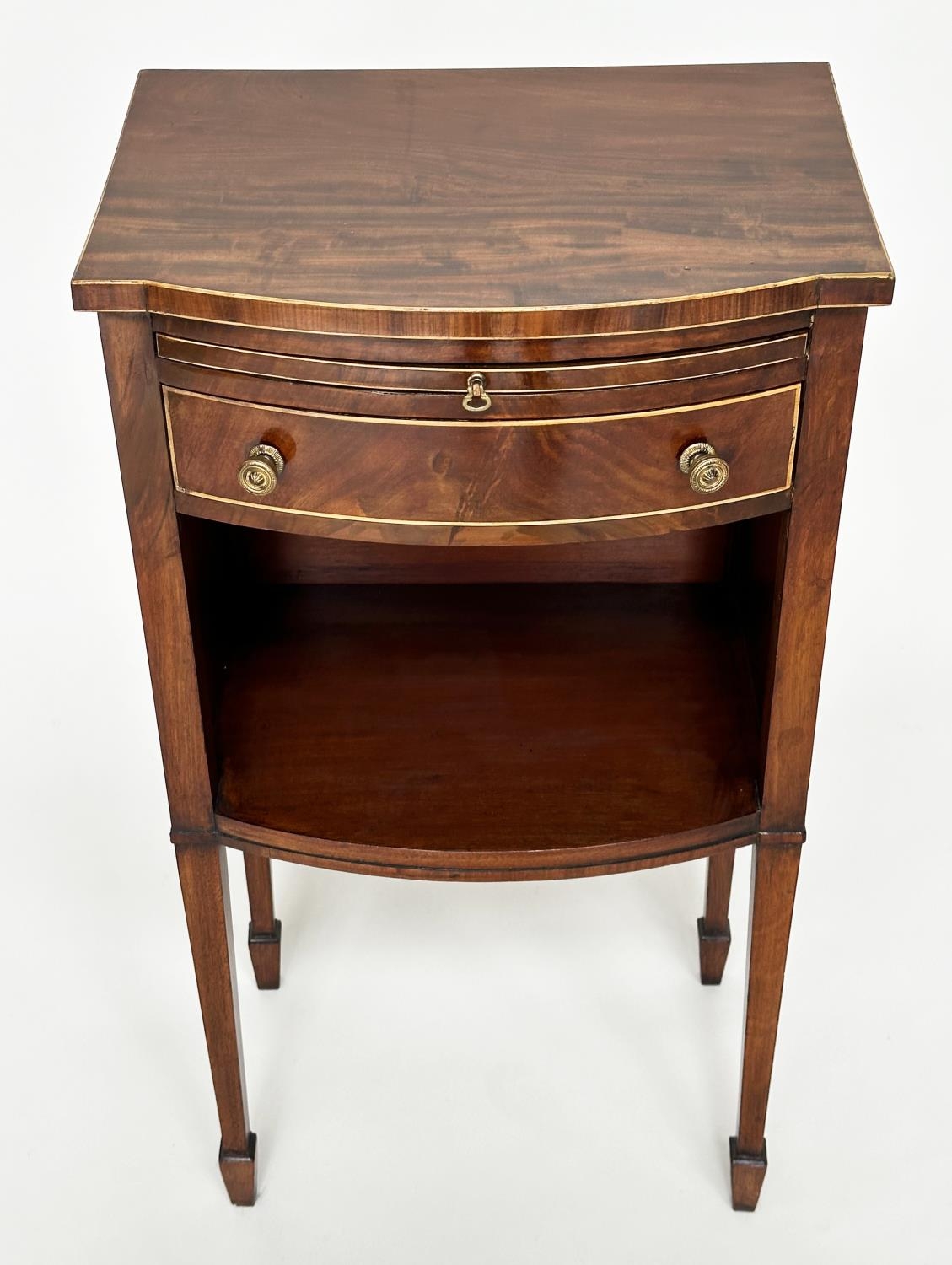 BOWFRONT LAMP TABLES, a pair, George III design figured mahogany and boxwood lined each with - Image 15 of 16