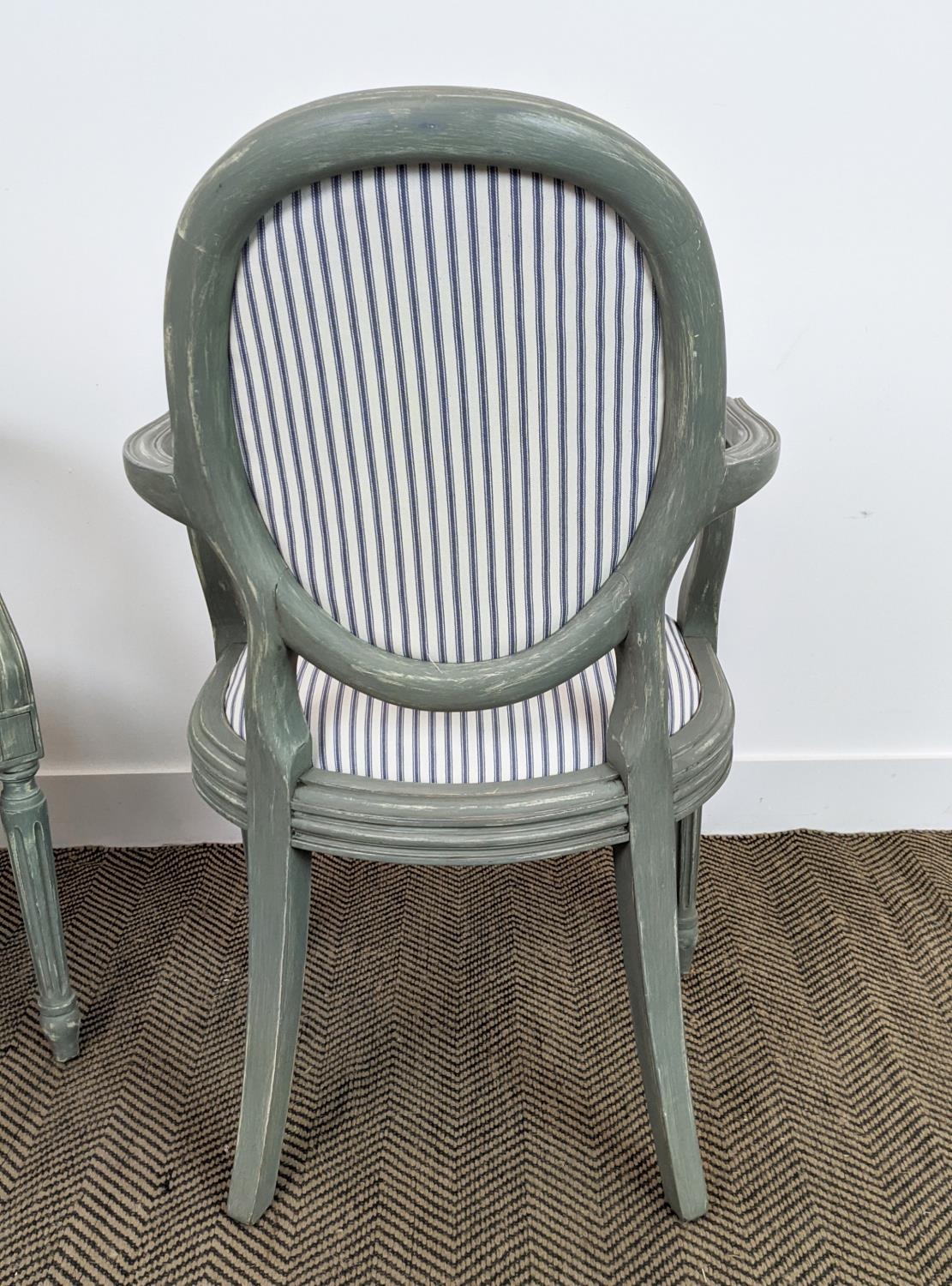 A PAIR OF LOUIS XVI STYLE FAUTEUILS, blue and grey pin stripe fabric, grey distressed finish to - Image 17 of 18