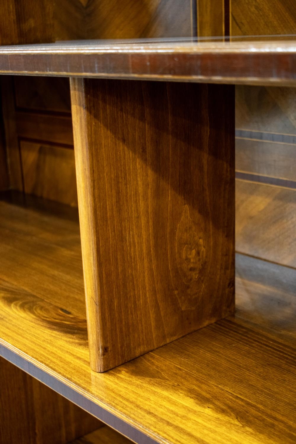 OPEN BOOKCASES, a pair, Italian walnut and marquetry with removable shelves and dividers, 212cm H - Image 7 of 8