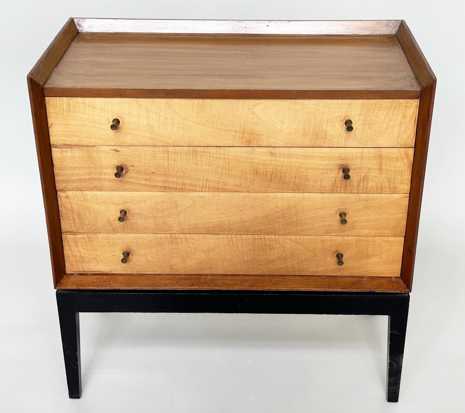 CHEST, 1970s maple with four long drawers ¾ gallery and ebonised supports, 77cm W x 77cm H x 41cm D. - Image 4 of 7