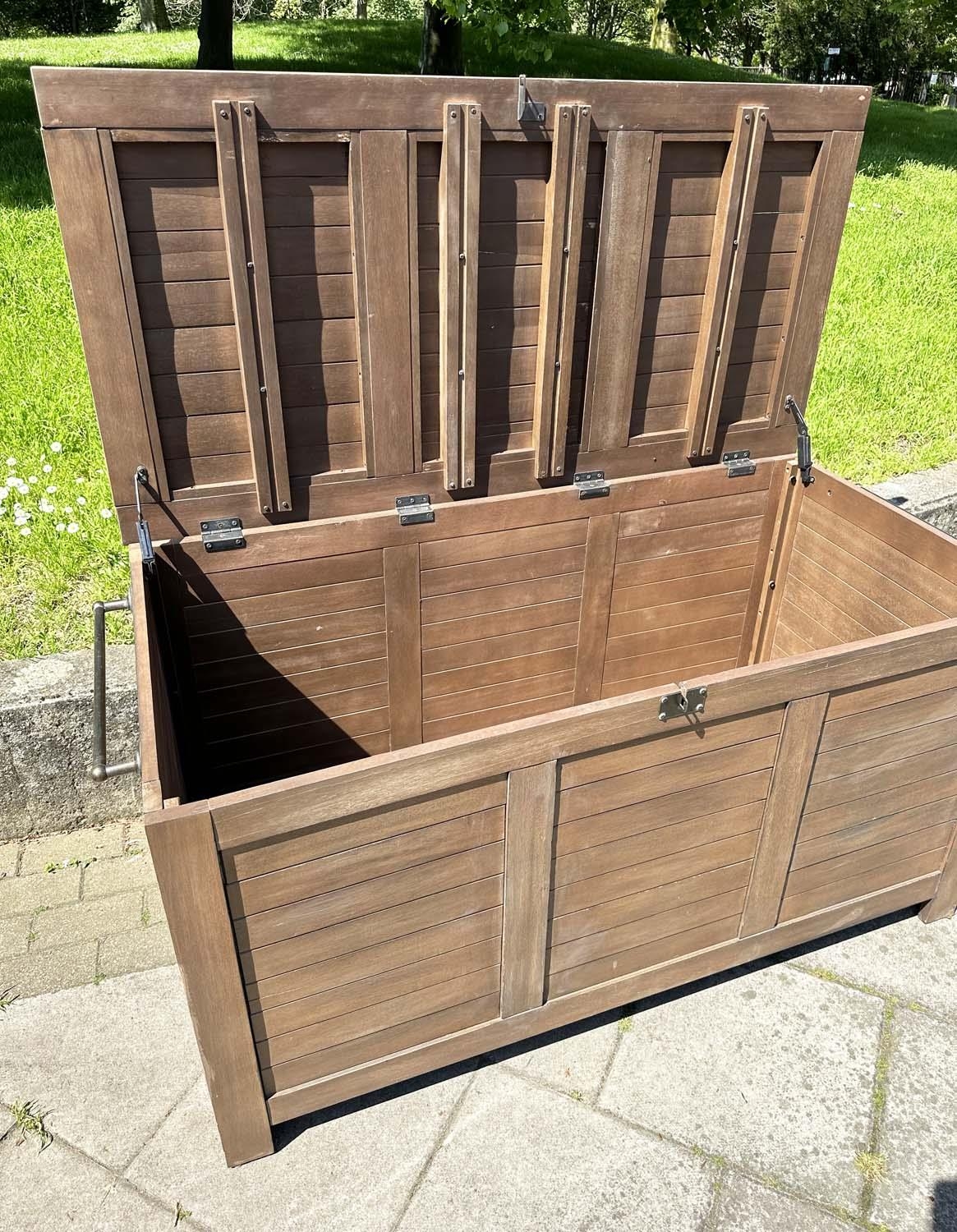 GARDEN STORAGE TRUNK, outdoor weathered teak with hinged lid and side handles, 85vm H x 138cm W x - Image 10 of 18
