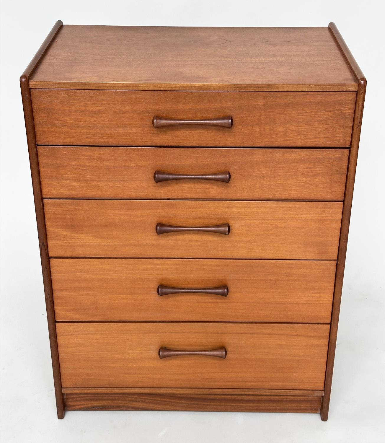 TALL CHEST, 1970s teak with five long drawers and hardwood bale handles, 69cm W x 42cm D x 91cm H. - Image 2 of 6