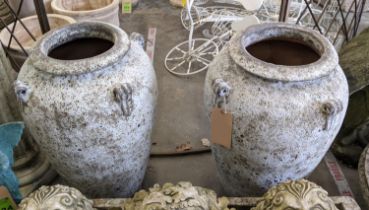 FIRED CLAY AMPHORA STYLE PLANTERS, a pair, 64cm H x 43cm W. (2)