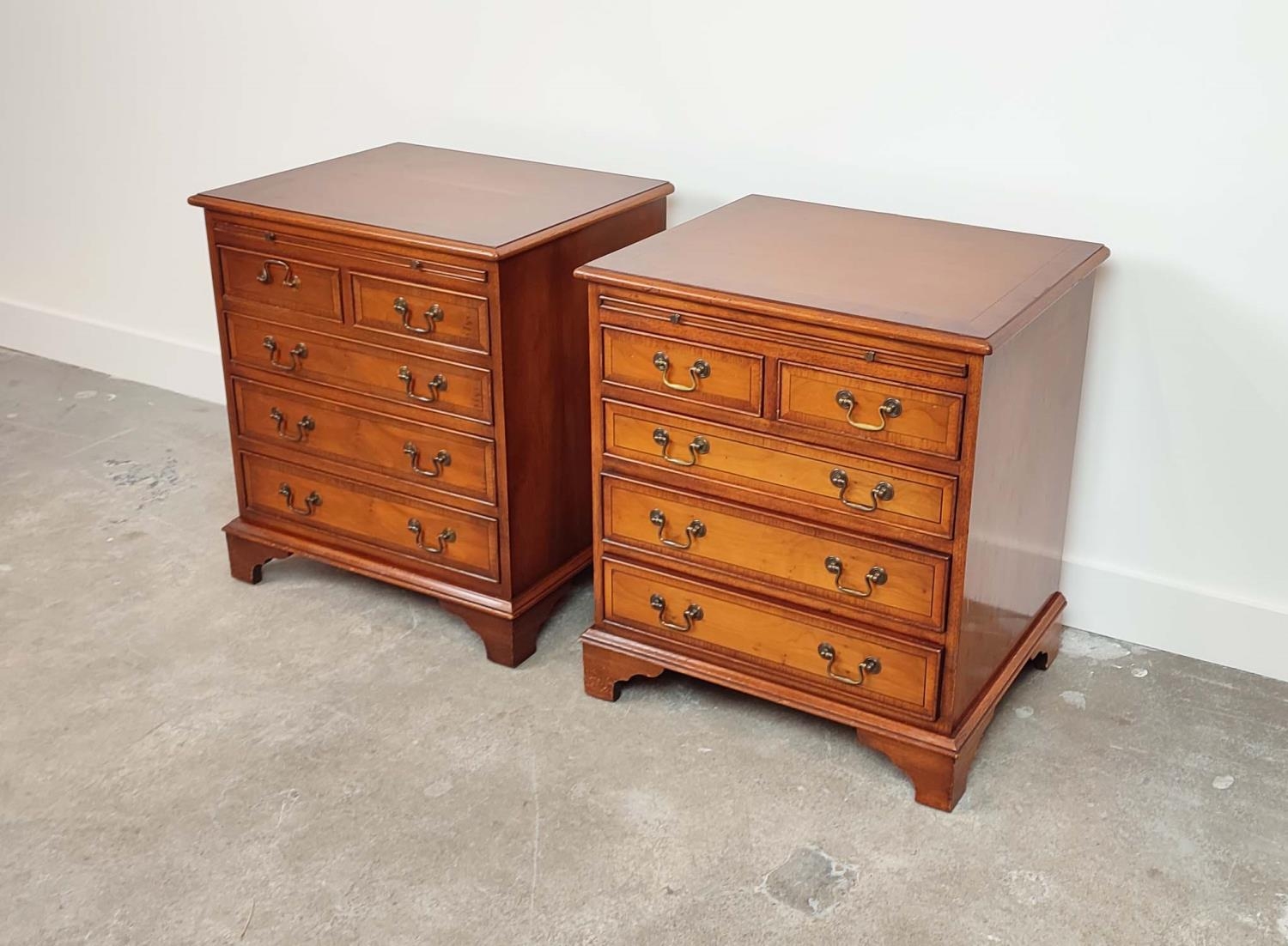 BEDSIDE CHESTS, a pair, Georgian style yewwood, each with green leather slide above five drawers, - Image 4 of 20