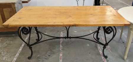 REFECTORY TABLE, light oak on wrought metal supports, 79cm H x 185cm x 90cm.