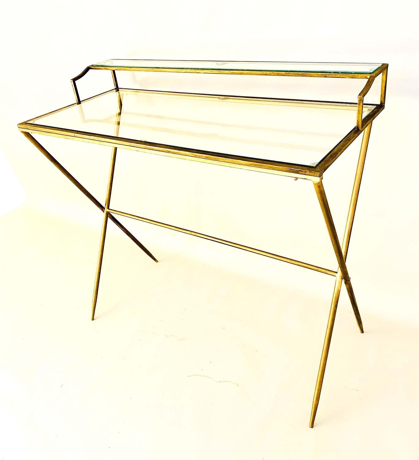 WRITING DESK, 1960s French style, gilt metal and glass, 87cm x 95cm x 42cm.