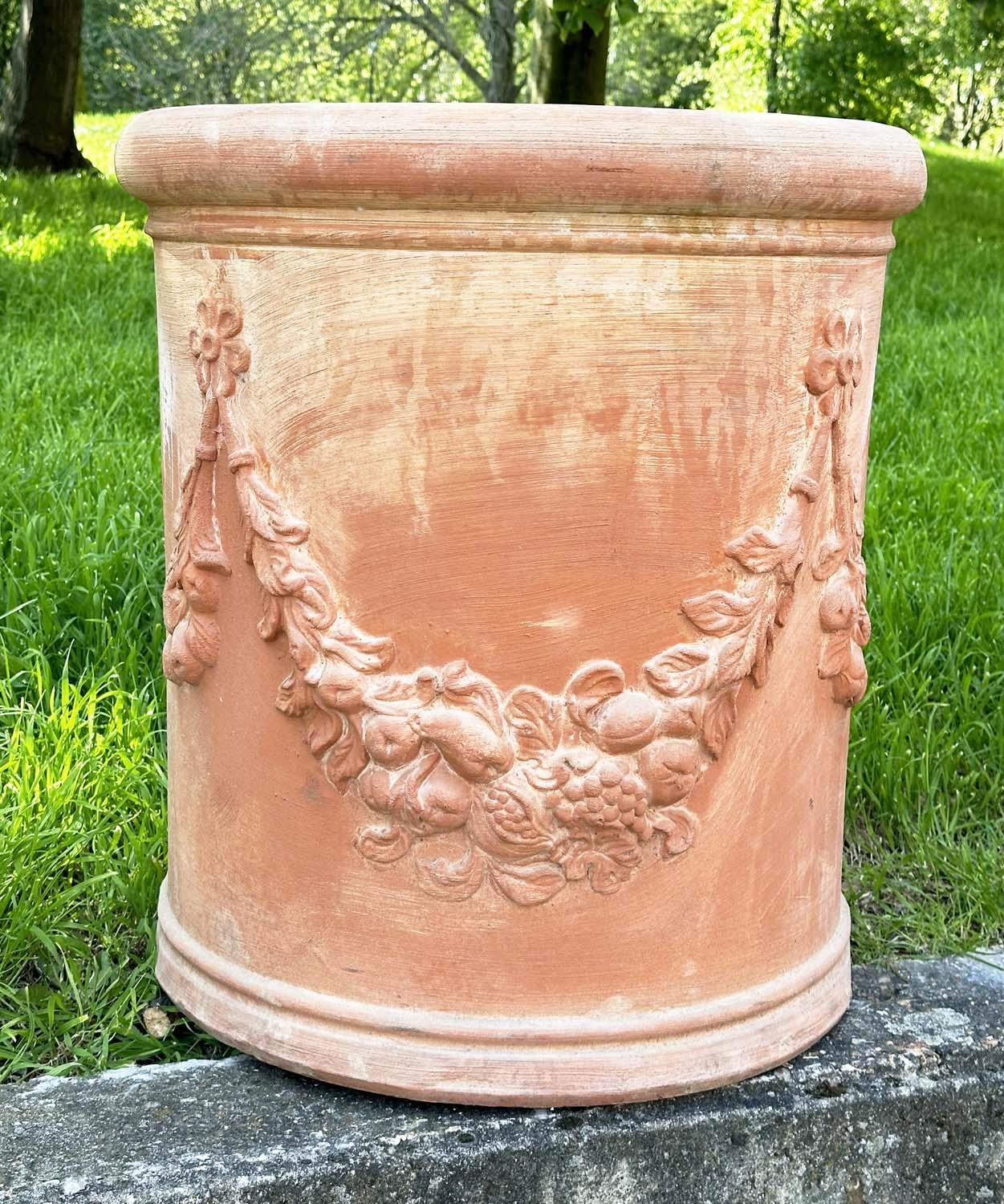 GARDEN PLANTERS, a pair, weathered Tuscan terracotta, D-section with swag decoration, (marks - Bild 5 aus 20